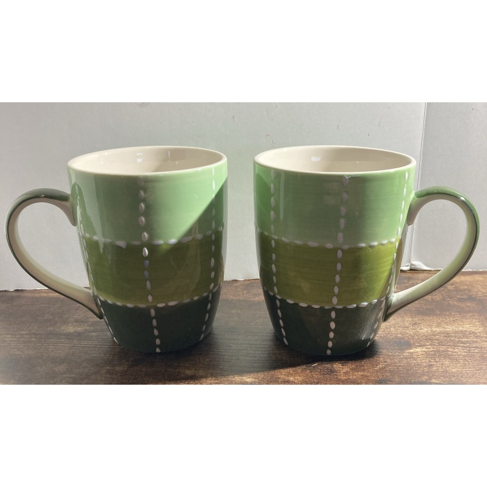 Pair Harry & David Hand Painted Mug Patchwork Design Olive Mint Green Textured